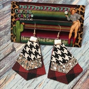 Buffalo Plaid Houndstooth Glitter Leather Earrings